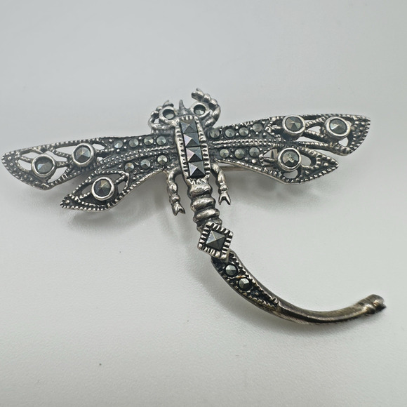 Vintage Marcasite Brooch Dragonfly Signed MC Marsala Art Deco Style Sterling 5g - Picture 1 of 8